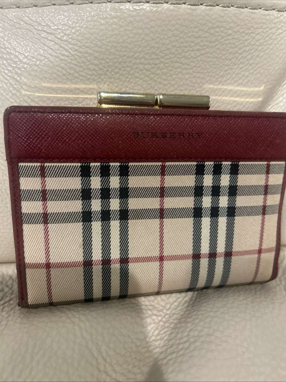 Burberry Nova Check Kiss Lock Unisex Wallet With Brown Leather Trim
